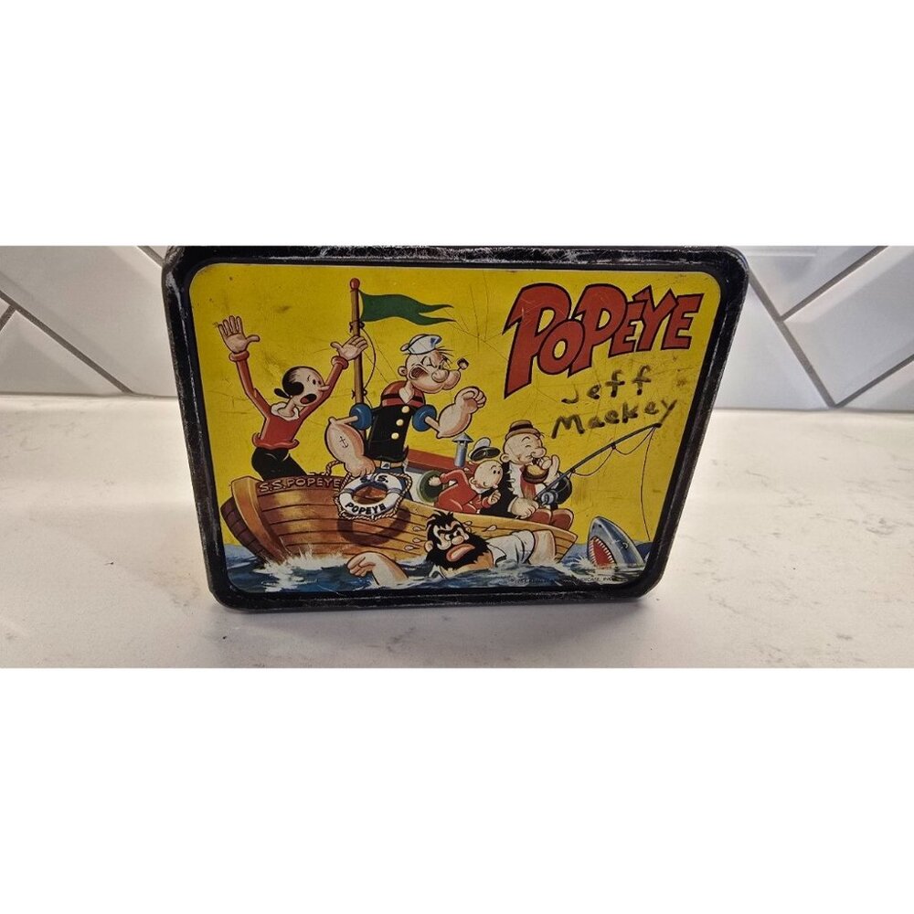 Vintage Popeye Metal Lunchbox By Thermos Co. With Colorful Cartoon Scenes Black - Picture 3 of 7